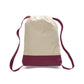 Drawstring bag with beige top and burgundy bottom on a white background