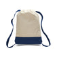 Beige and navy drawstring bag on a white background