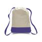 Drawstring bag with purple bottom section and straps on a white background