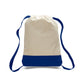 Beige and blue drawstring bag on a white background