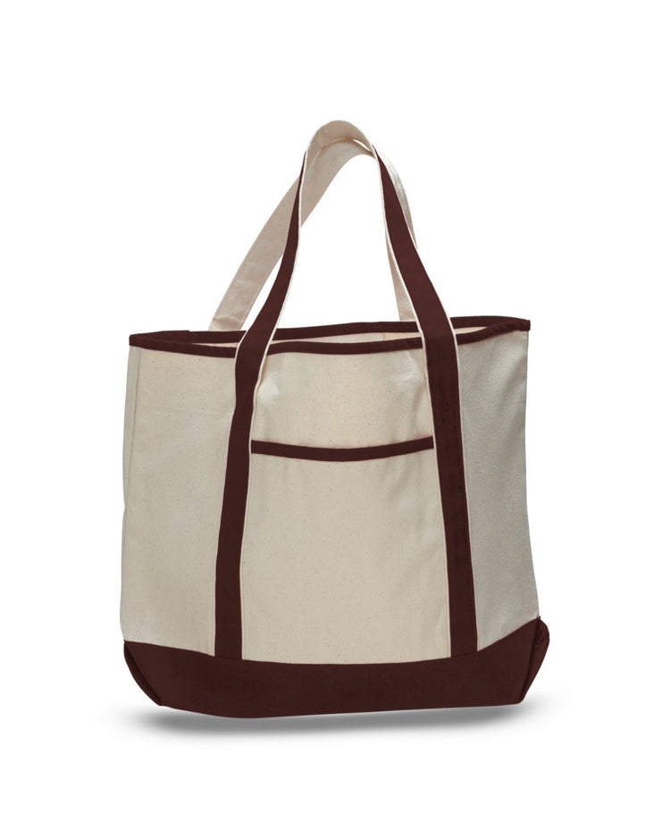 Beige tote bag with brown accents on a white background