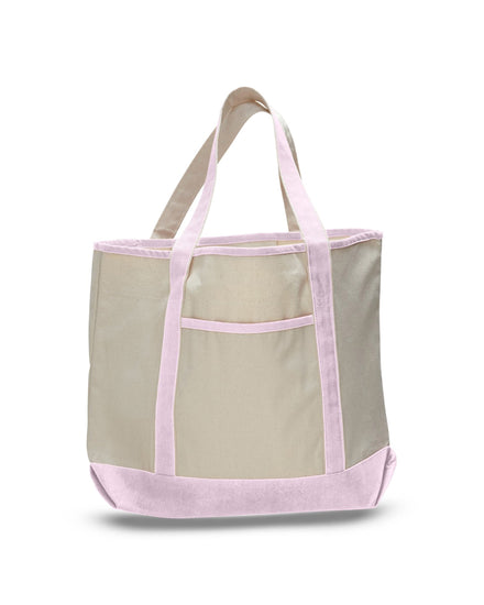Beige tote bag with pink accents on a white background