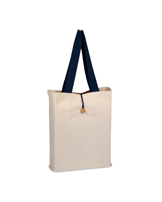 Beige tote bag with navy handles on a white background