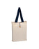 Beige tote bag with navy handles on a white background