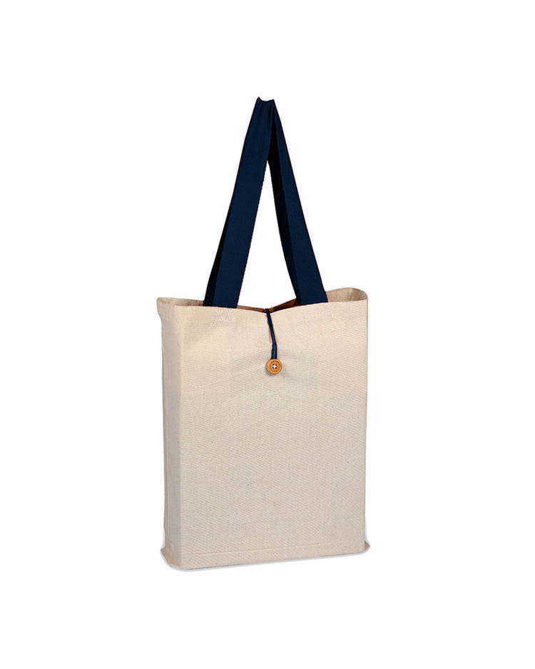 Beige tote bag with navy handles on a white background