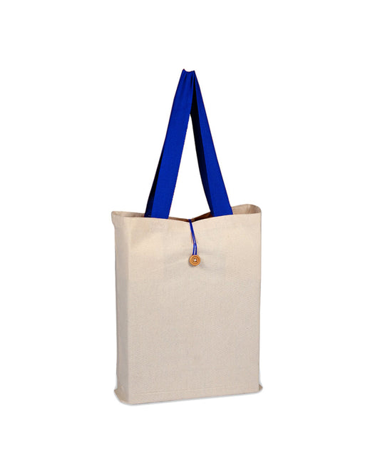 Beige tote bag with blue handles on a white background