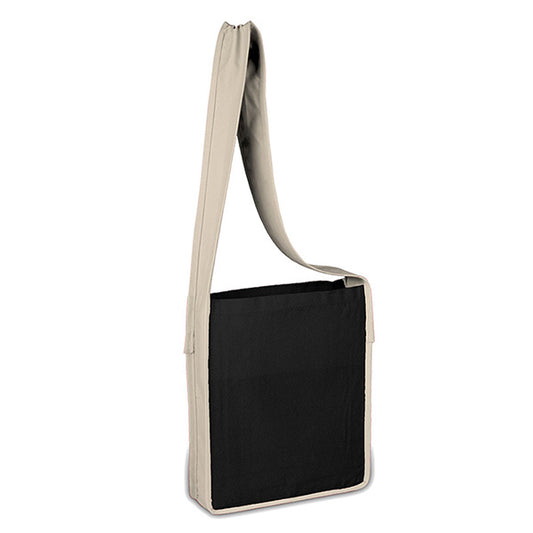 Black messenger bag with beige handle on a white background