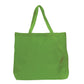 Green tote bag with a small stain on a white background