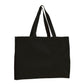 Black tote bag with white handles on a white background