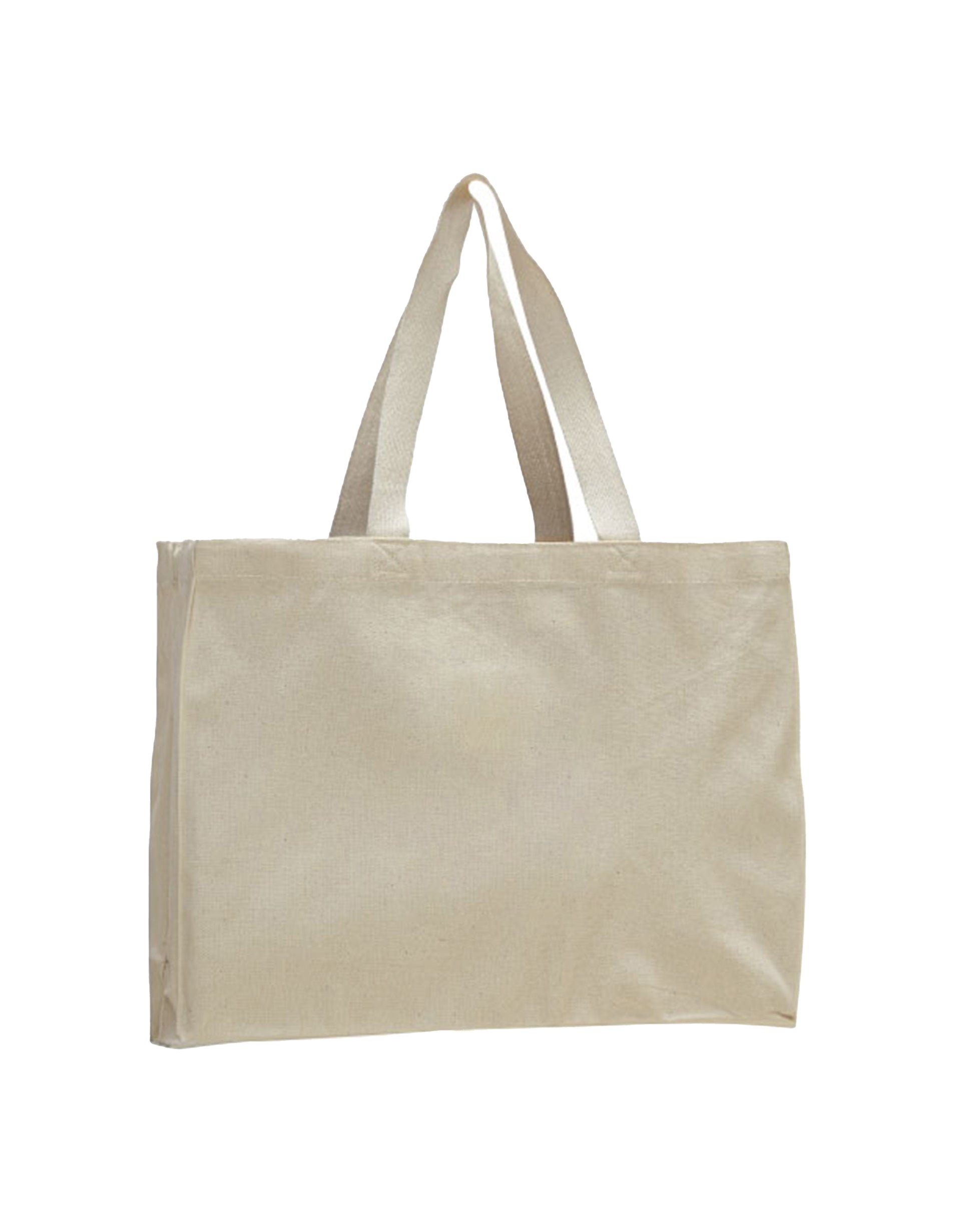 Beige tote bag with handles on a white background