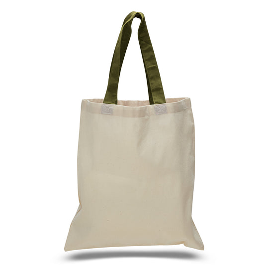 Beige tote bag with green handles on a white background