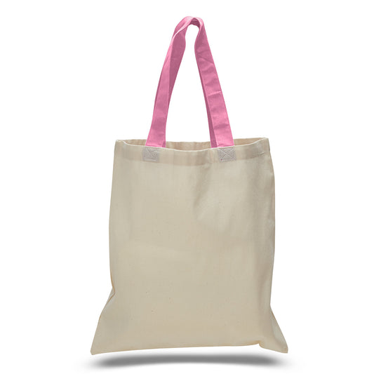 Beige tote bag with pink handles on a white background