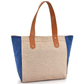 Tote bag with blue and beige design on a white background