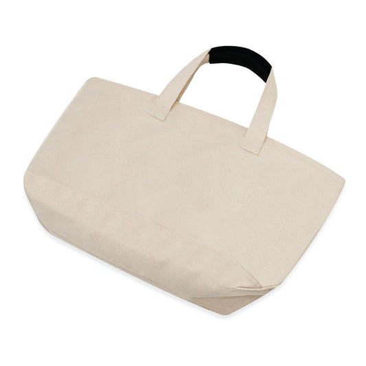 Beige tote bag with a black handle on a white background
