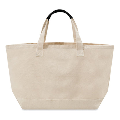 Beige tote bag with black handle on a white background