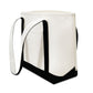 White tote bag with black handles and hem on a white background