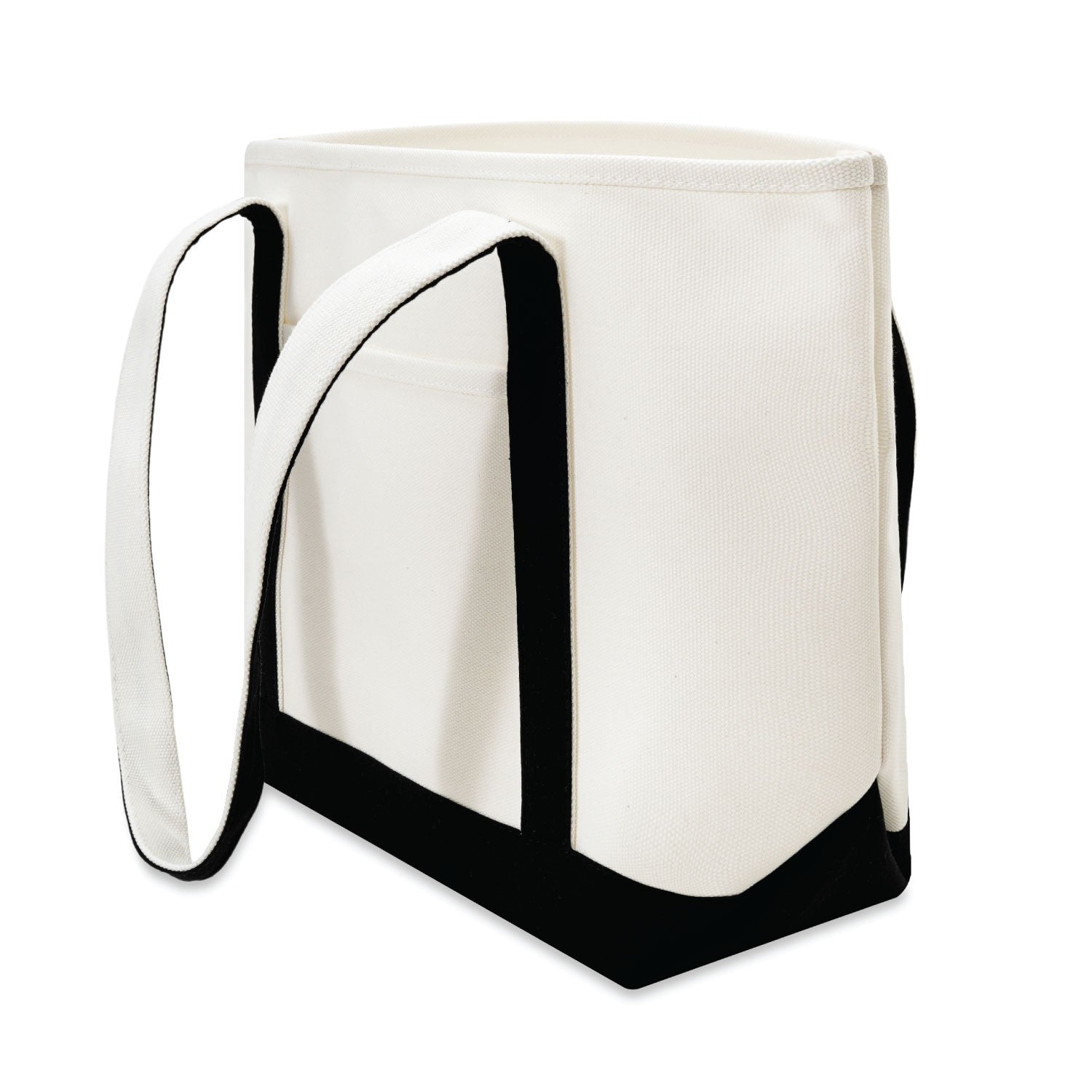 White tote bag with black handles and hem on a white background